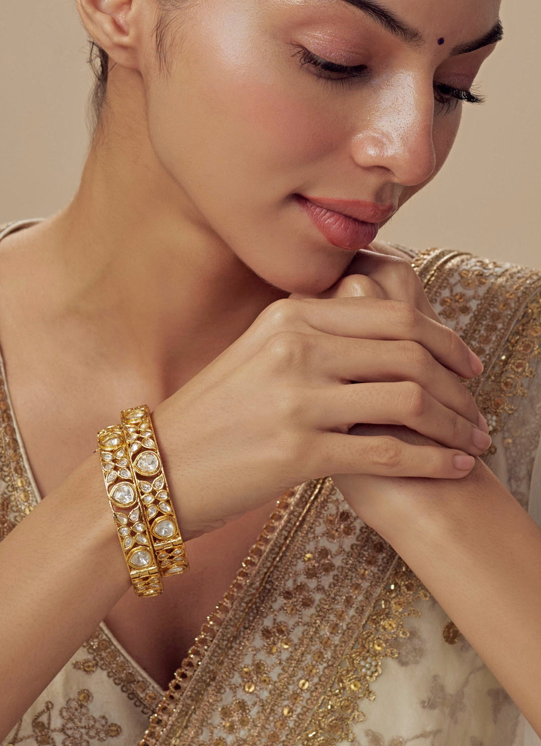 White Kundan And Polki Gold Plated Bangles