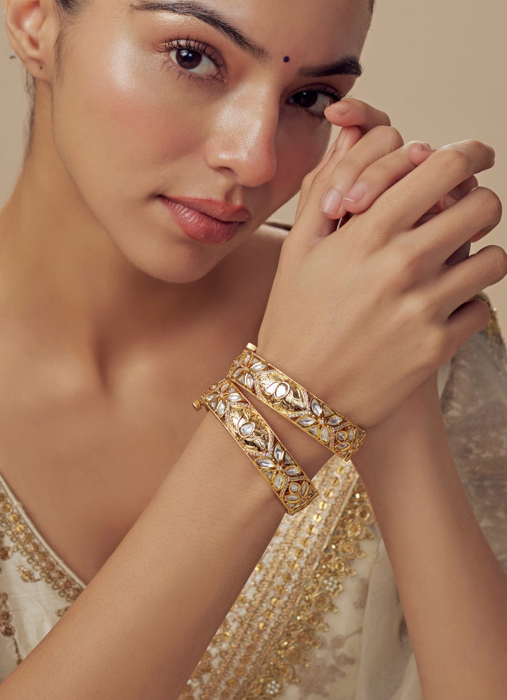 Floral White Kundan And Polki Gold Plated Bangles