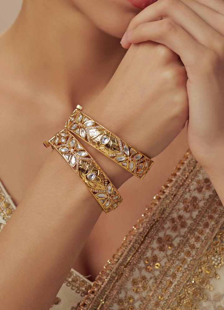 Floral White Kundan And Polki Gold Plated Bangles