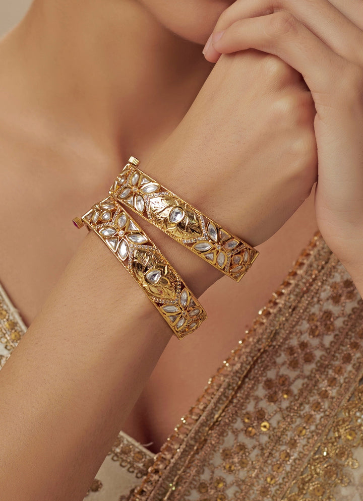 Floral White Kundan And Polki Gold Plated Bangles