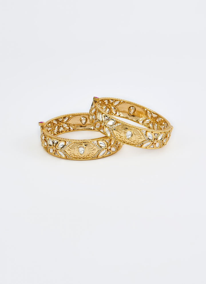 Floral White Kundan And Polki Gold Plated Bangles