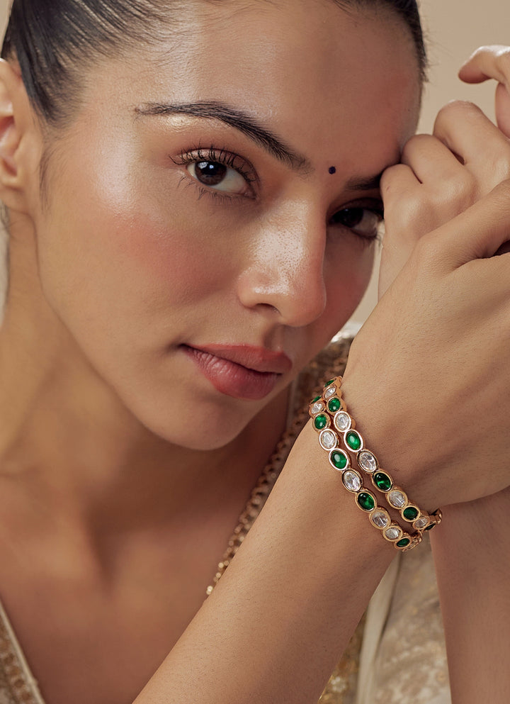 Emerald Green And White Crystal Gold Plated Bangles