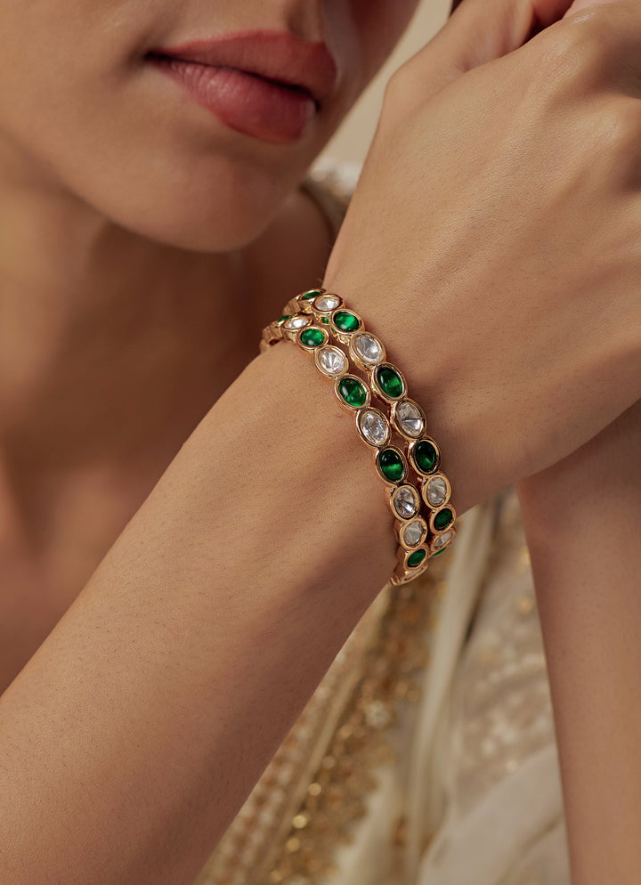 Emerald Green And White Crystal Gold Plated Bangles