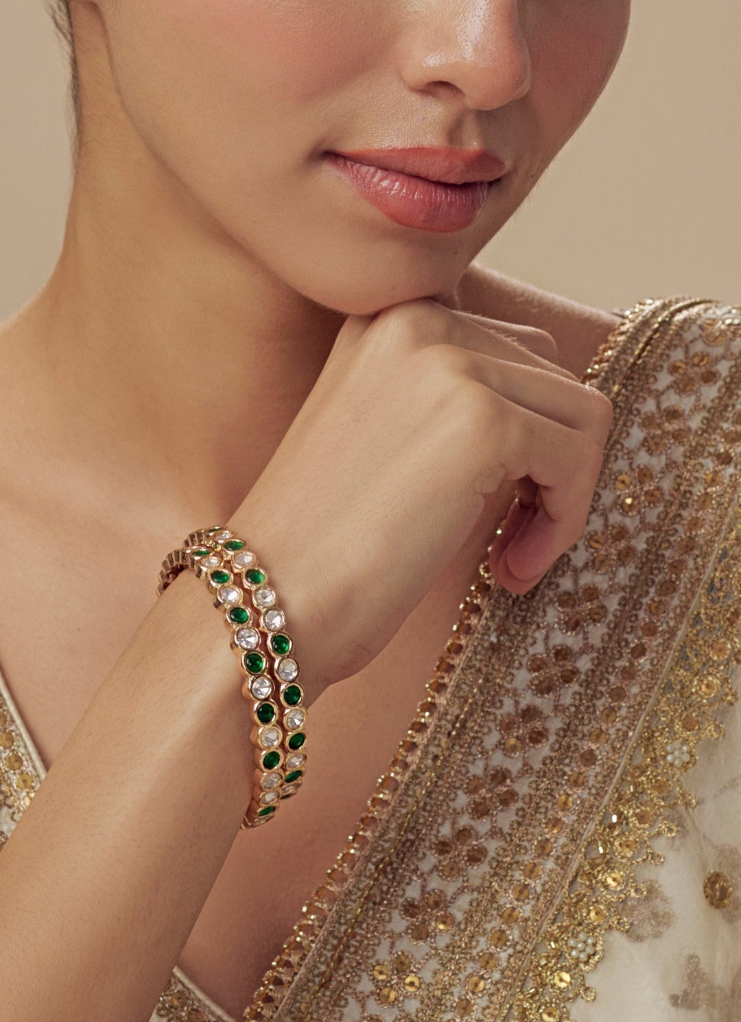 Emerald Green And White Crystal Gold Plated Bangles