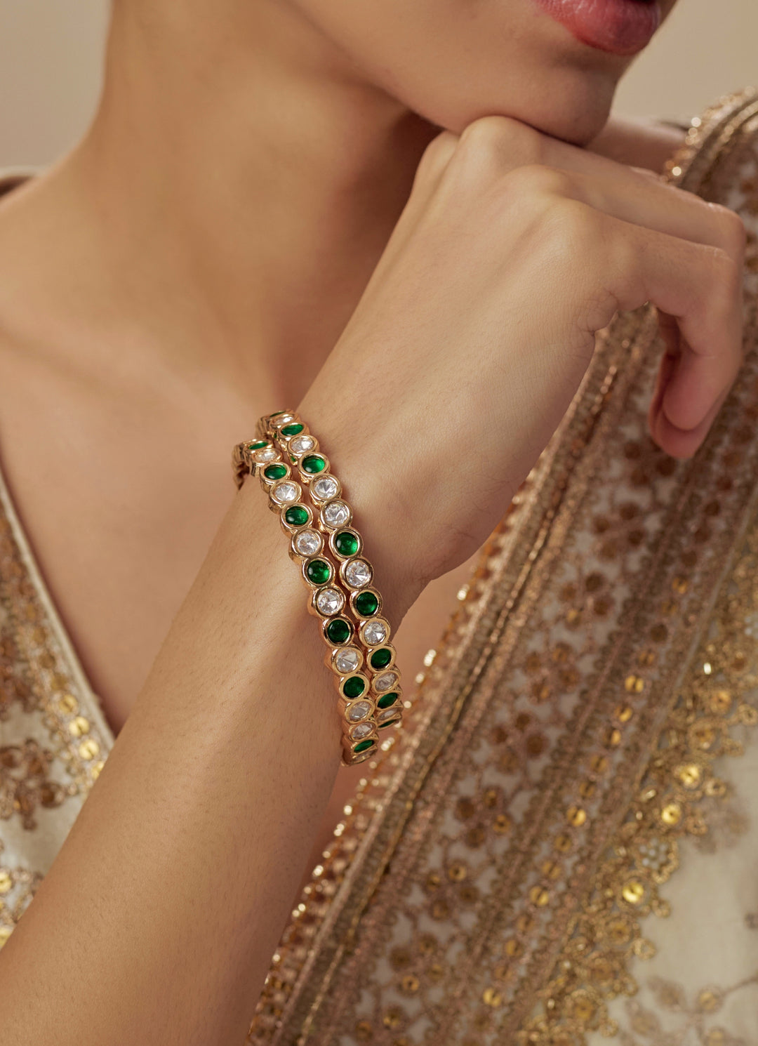 Emerald Green And White Crystal Gold Plated Bangles