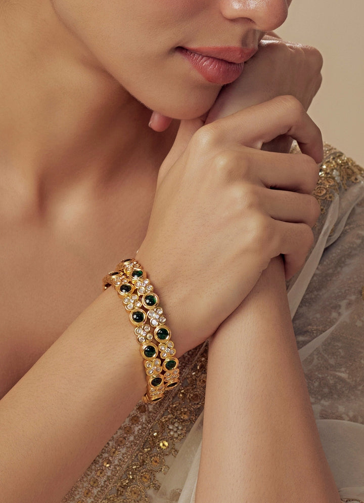 Green And Crystal Gold Plated Bangles