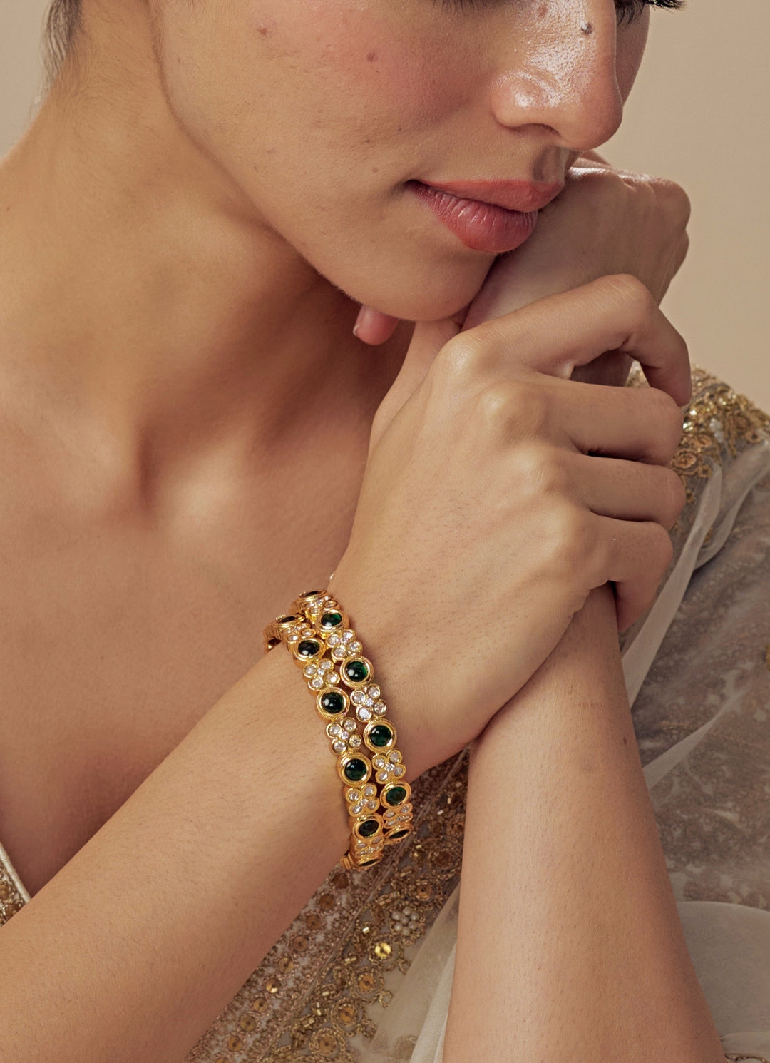 Green And Crystal Gold Plated Bangles