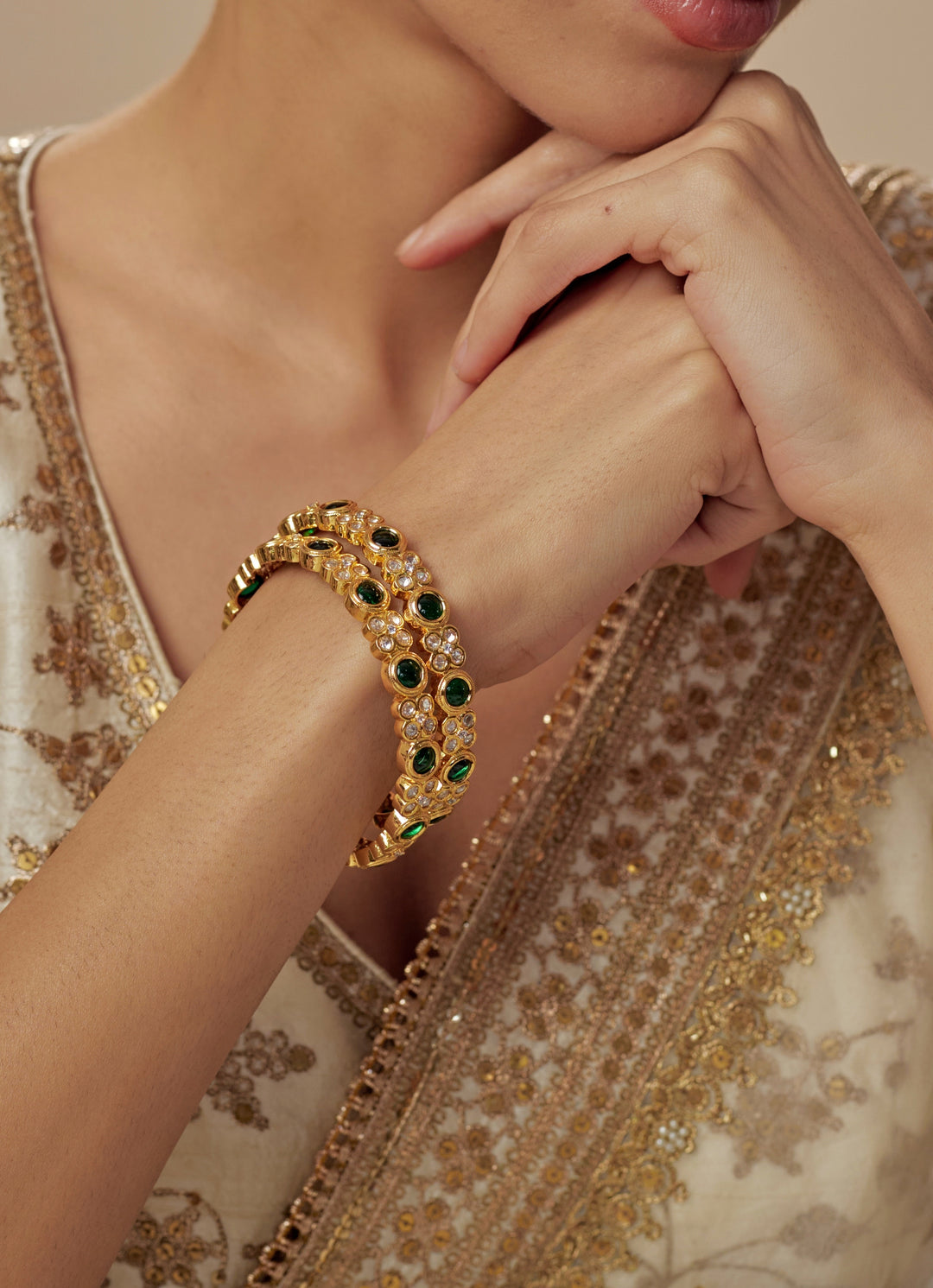 Green And Crystal Gold Plated Bangles