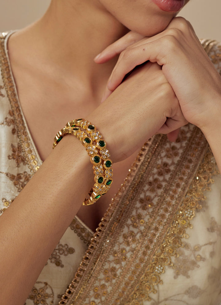 Green And Crystal Gold Plated Bangles