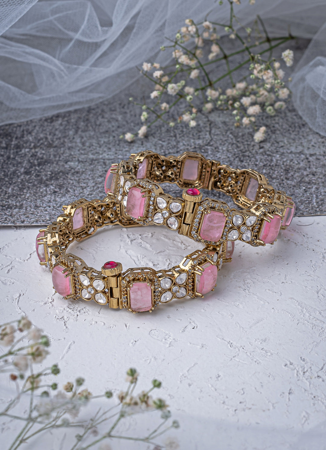 Pink And Zircon Gold Plated Bangles