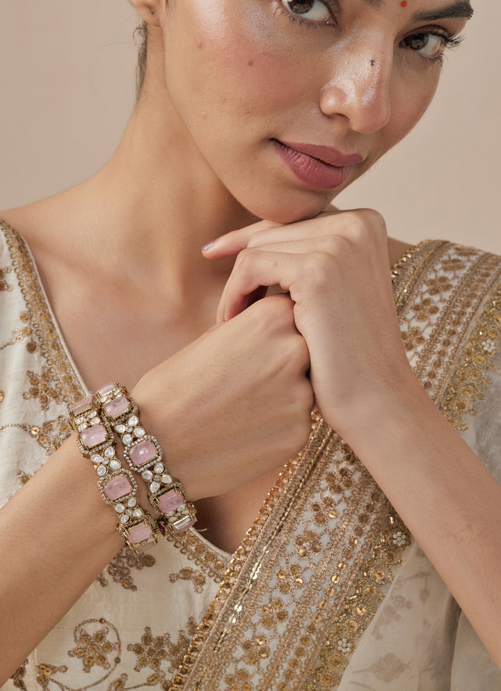 Pink And Zircon Gold Plated Bangles
