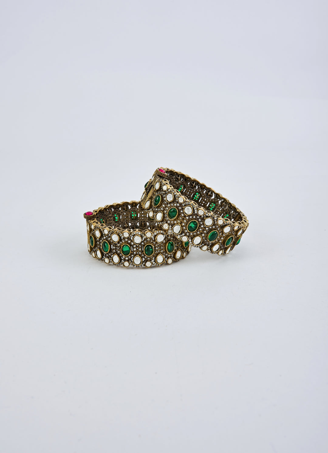 Green Stone Kundan And Polki Gold Plated Bangles
