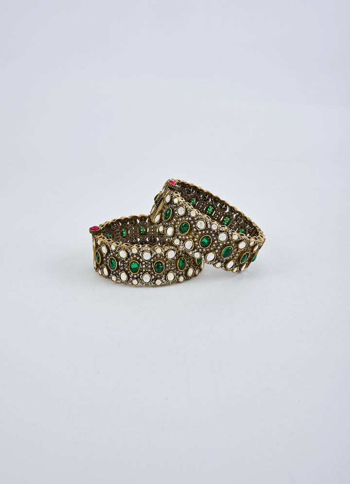 Green Stone Kundan And Polki Gold Plated Bangles