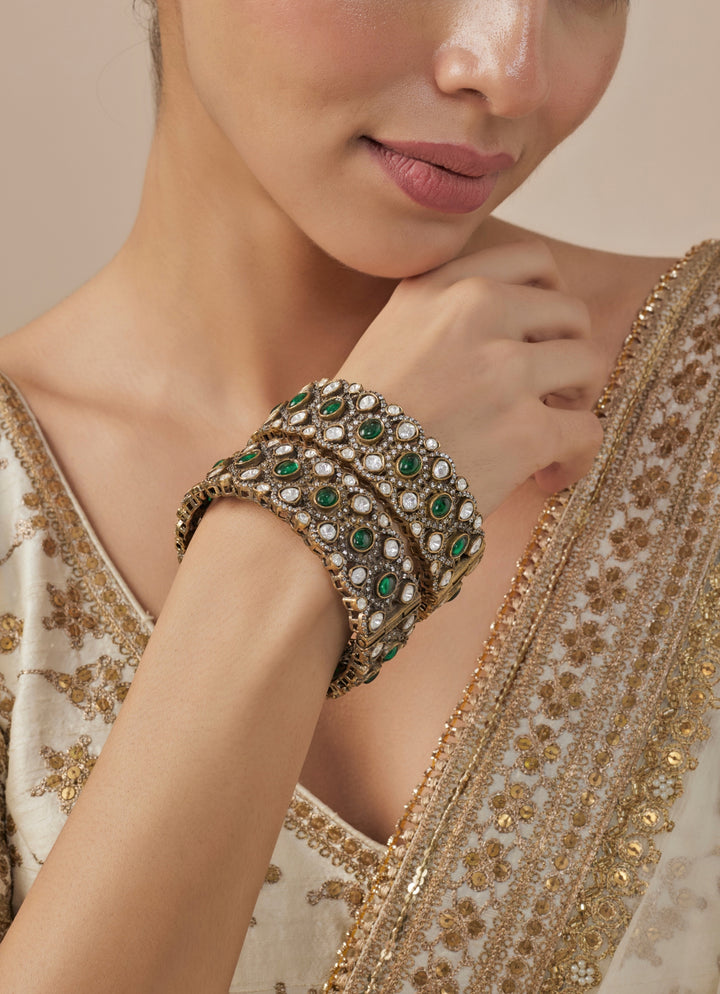 Green Stone Kundan And Polki Gold Plated Bangles