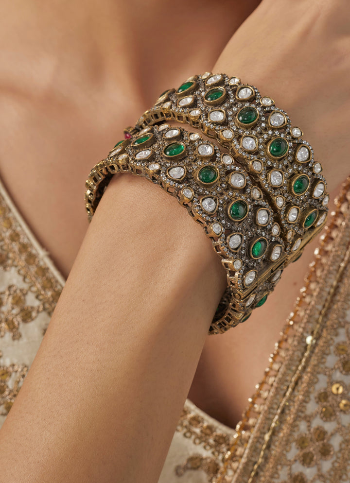 Green Stone Kundan And Polki Gold Plated Bangles