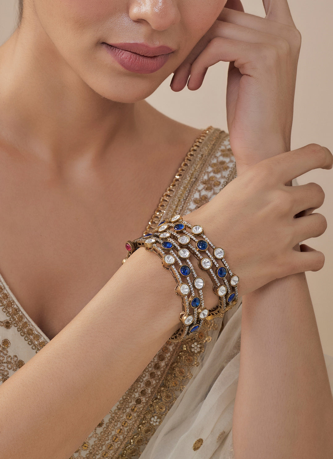 Antique Blue And White Stone Gold Plated Bangles