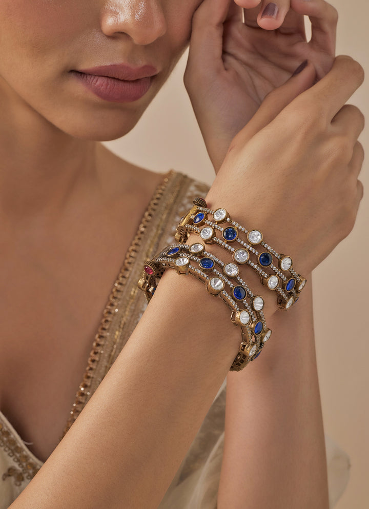 Antique Blue And White Stone Gold Plated Bangles