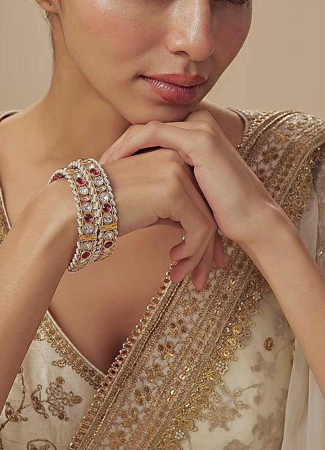 Pink Kundan And Polki Gold Plated Bangles