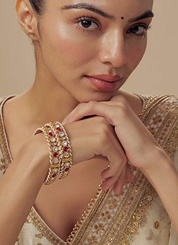 Pink Kundan And Polki Gold Plated Bangles