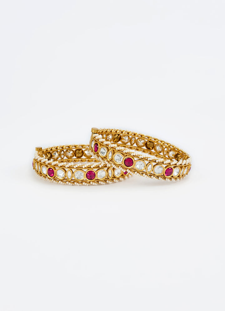 Pink Kundan And Polki Gold Plated Bangles