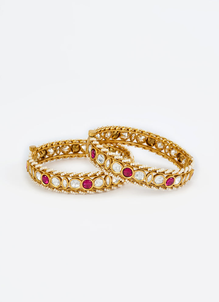 Pink Kundan And Polki Gold Plated Bangles