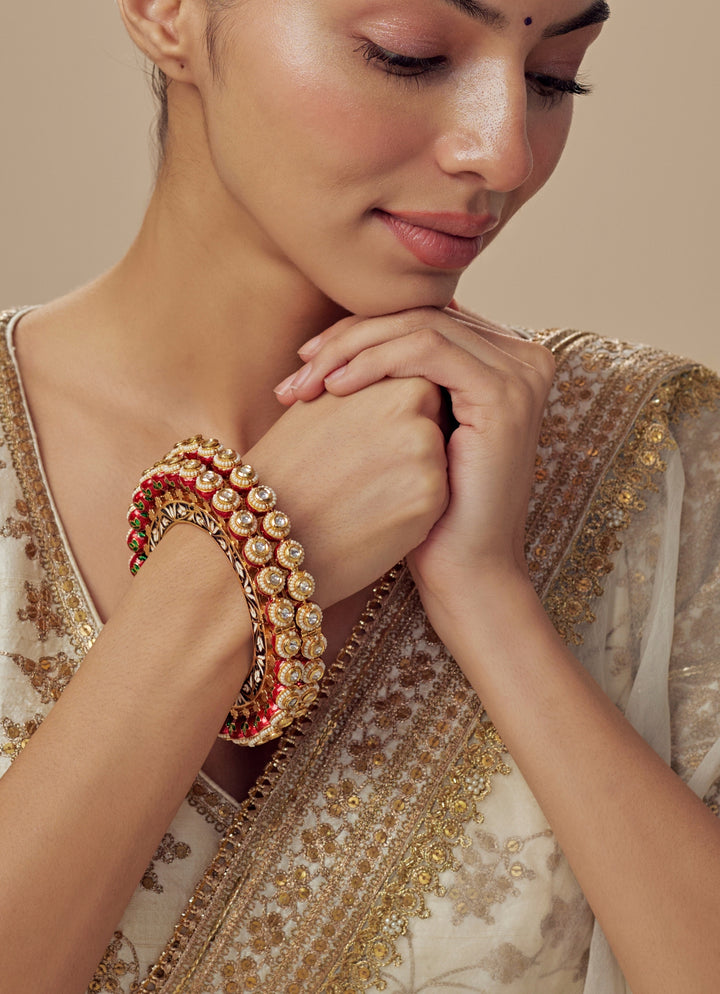 Red Kundan And Polki Gold Plated Bangles