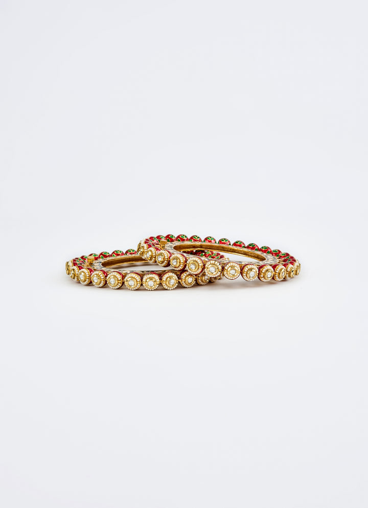 Red Kundan And Polki Gold Plated Bangles