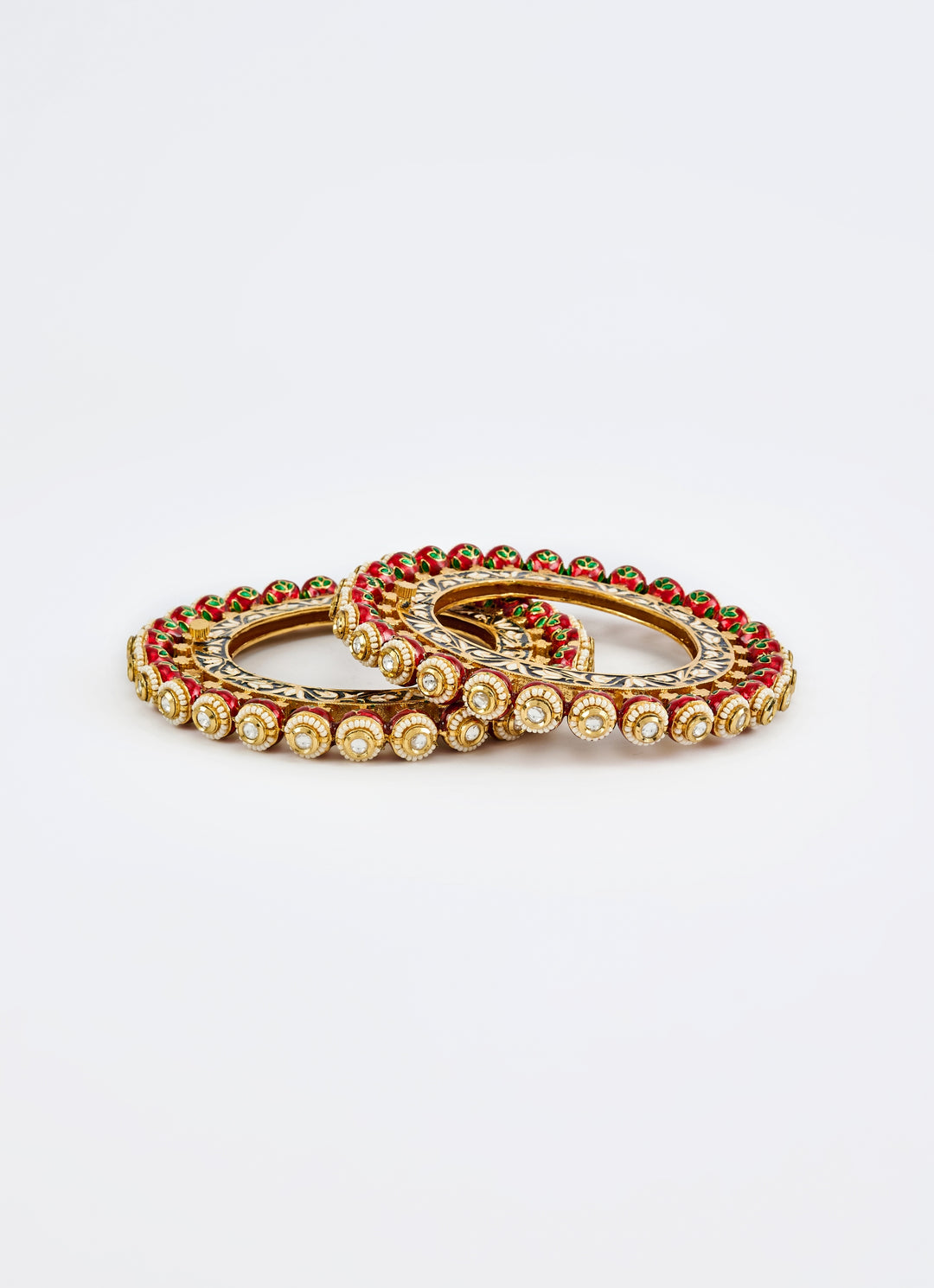 Red Kundan And Polki Gold Plated Bangles