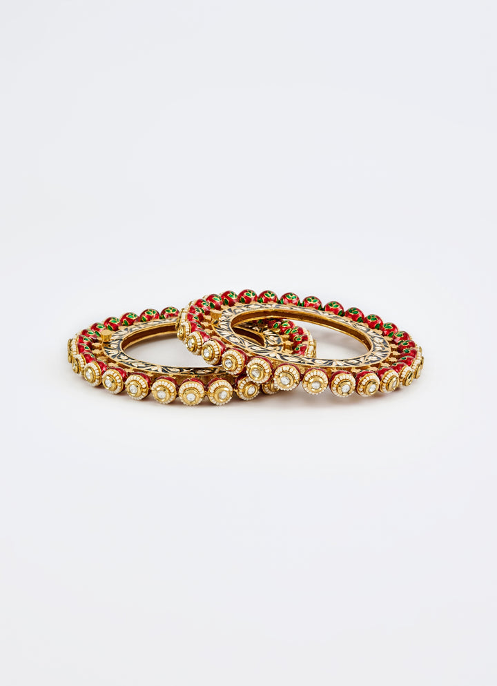 Red Kundan And Polki Gold Plated Bangles