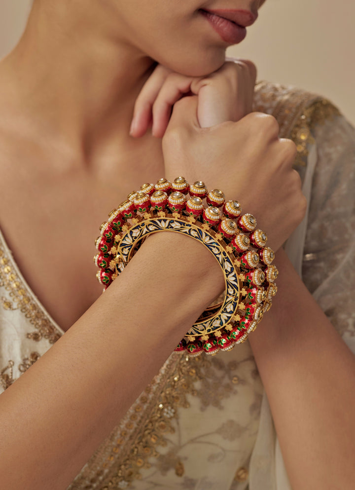 Red Kundan And Polki Gold Plated Bangles