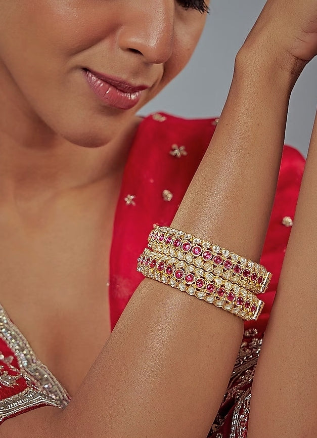 Pink Kundan And Polki Gold Plated Bangles