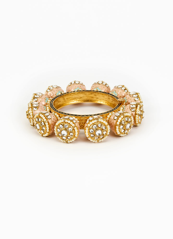 Peach Beaded Kundan Gold Kada