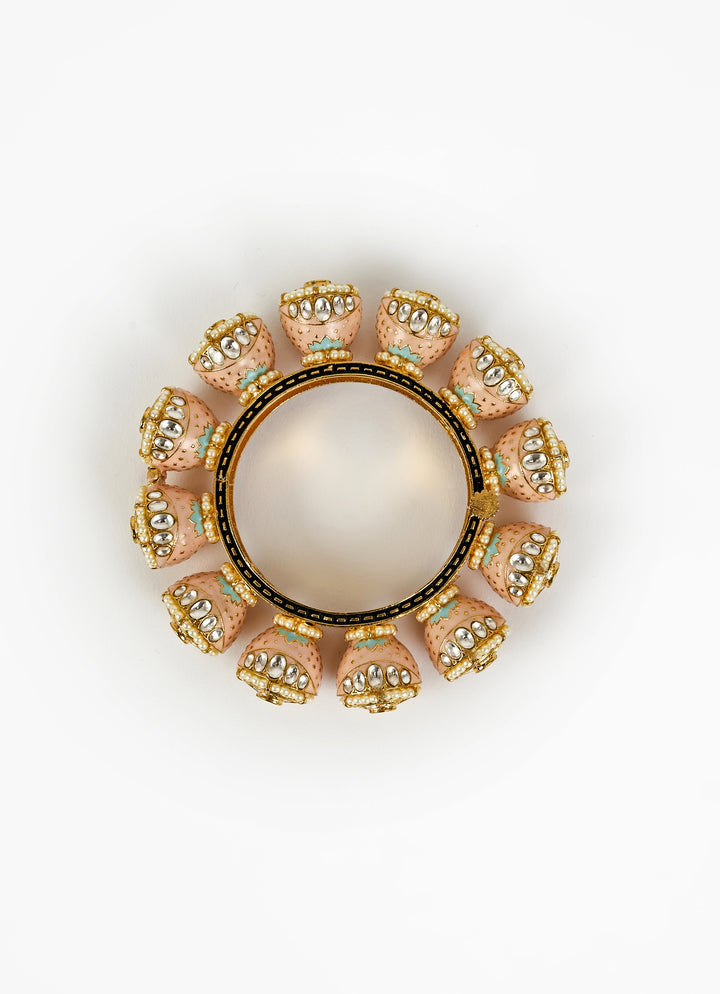 Peach Beaded Kundan Gold Kada