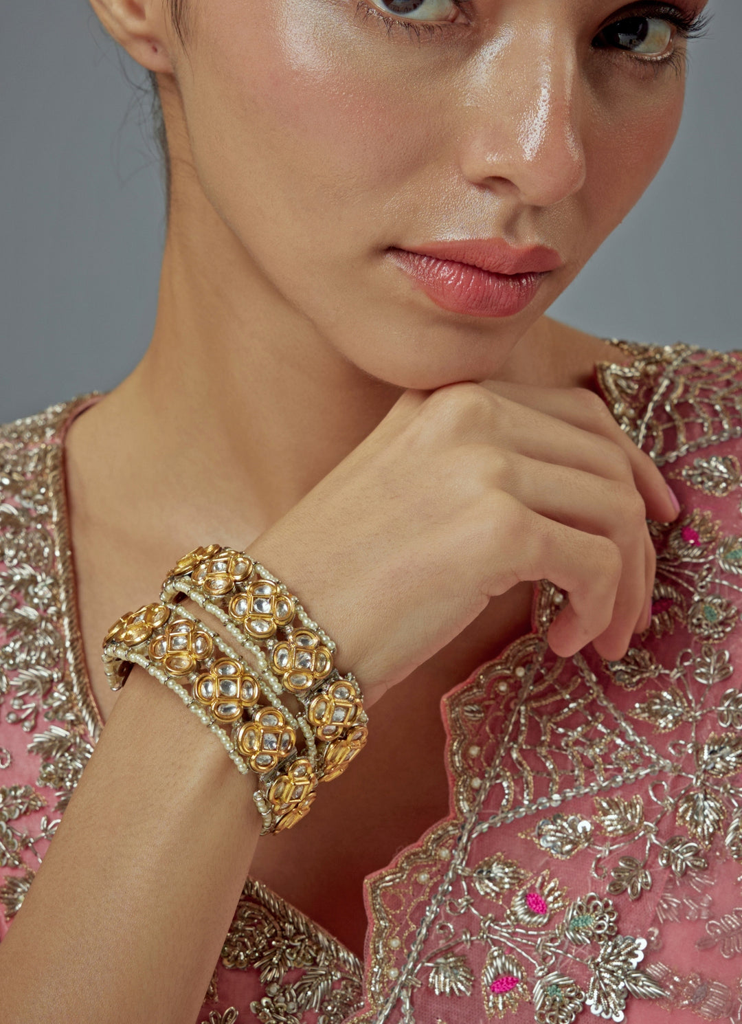 Pink Kundan And Polki Gold Plated Bangles