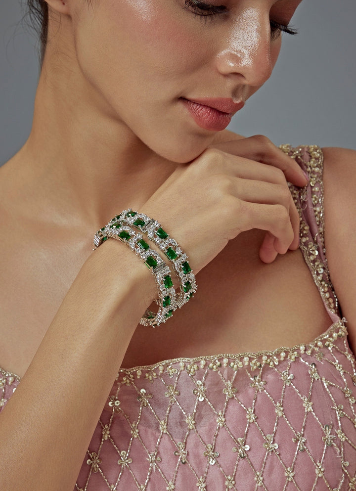 Silver Plated Green Emeralds And Zircon Stones Gold Plated Bangles