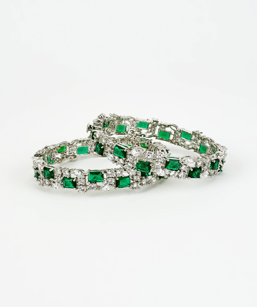 Silver Plated Green Emeralds And Zircon Stones Gold Plated Bangles