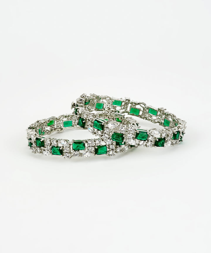 Silver Plated Green Emeralds And Zircon Stones Gold Plated Bangles