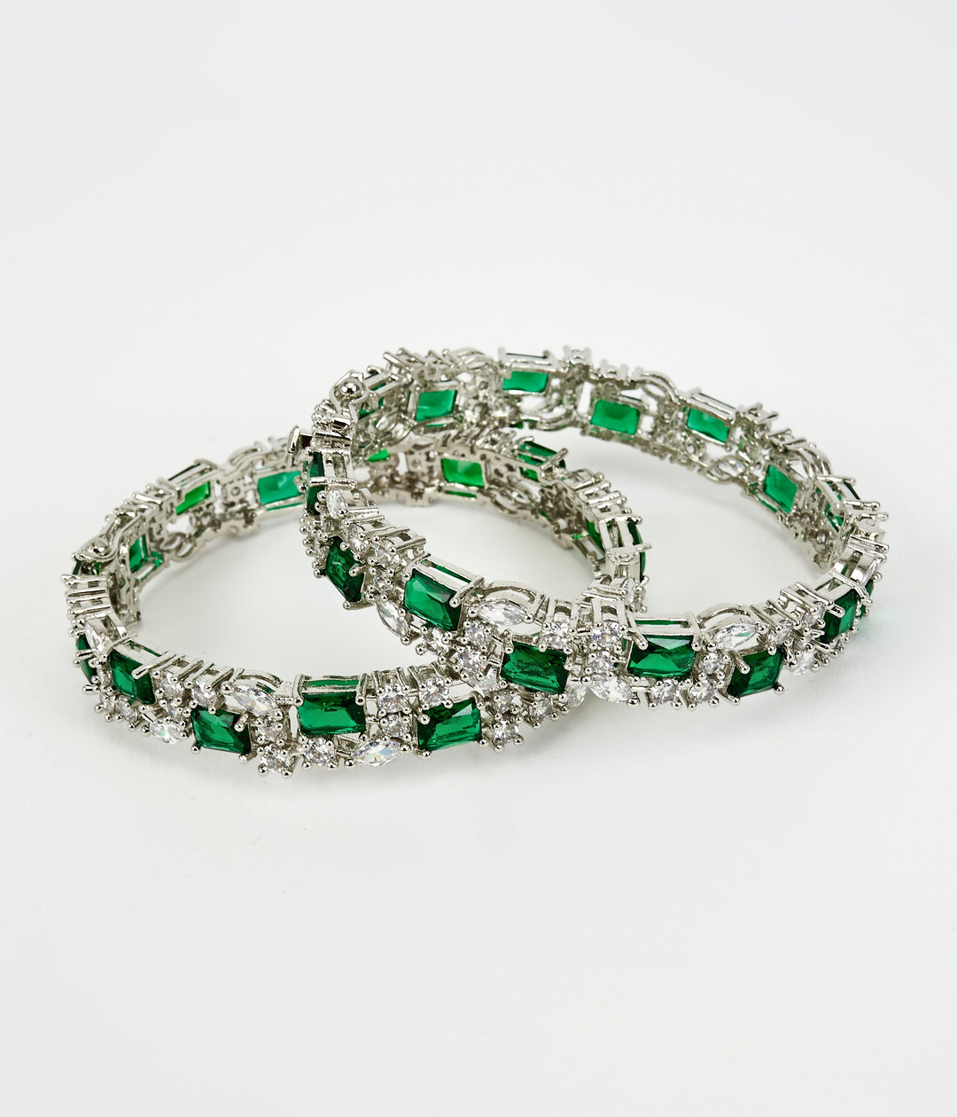 Silver Plated Green Emeralds And Zircon Stones Gold Plated Bangles