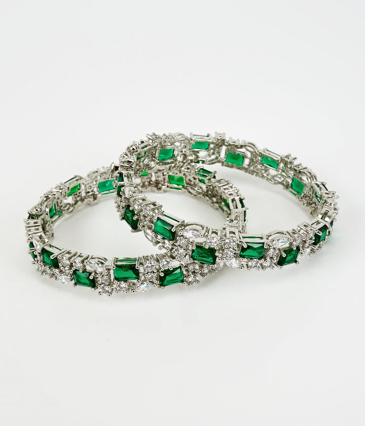 Silver Plated Green Emeralds And Zircon Stones Gold Plated Bangles