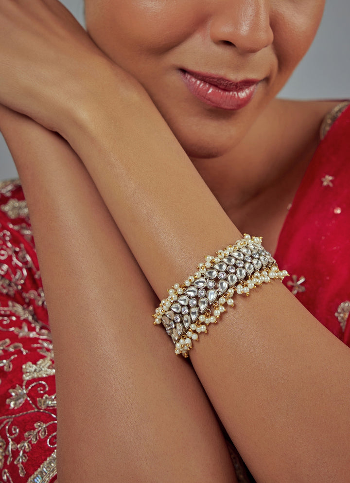 Gold Plated White Kundan And Polki Bracelet
