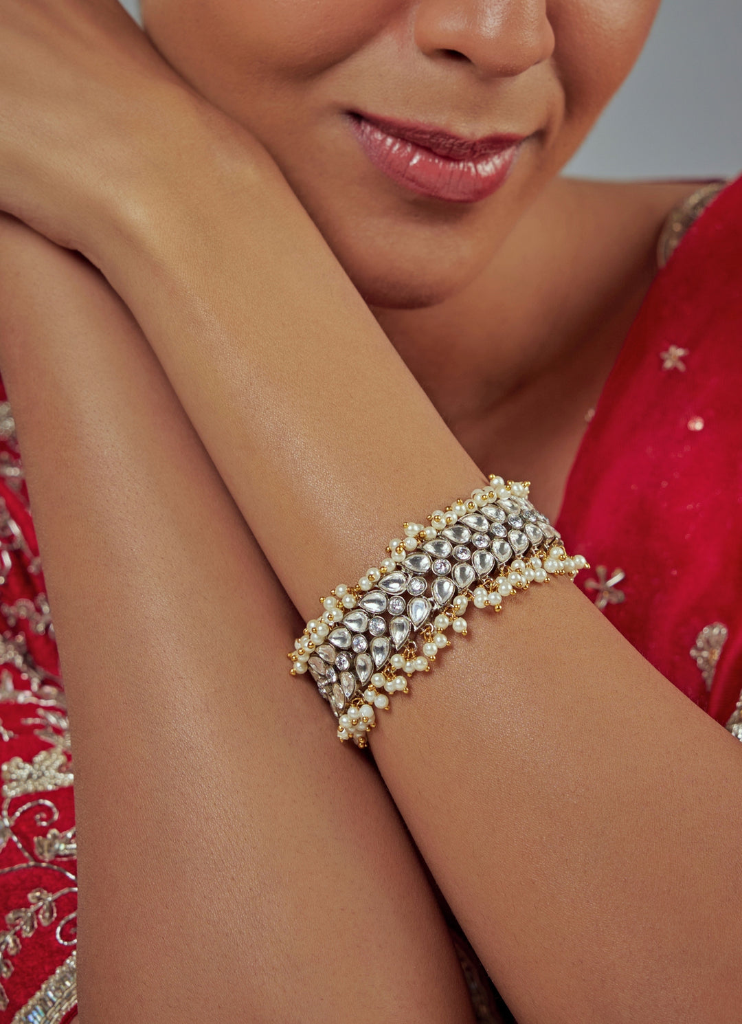 Gold Plated White Kundan And Polki Bracelet
