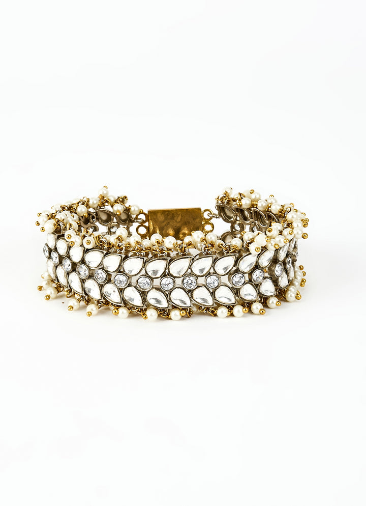 Gold Plated White Kundan And Polki Bracelet