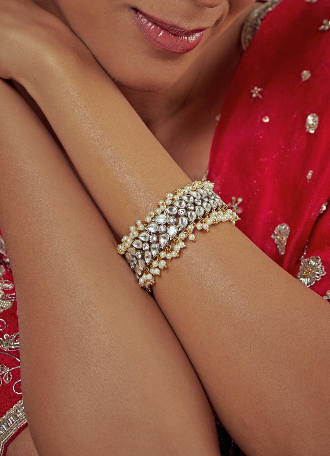 Gold Plated White Kundan And Polki Bracelet
