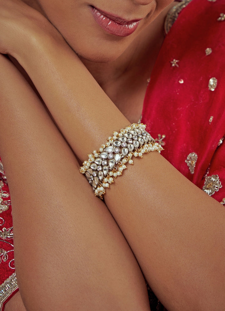 Gold Plated White Kundan And Polki Bracelet