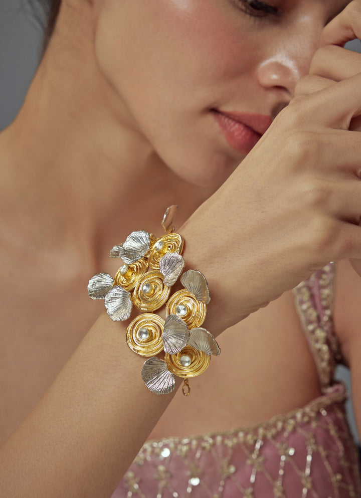 Gold Plated Floral Kundan And Pearl Bracelet
