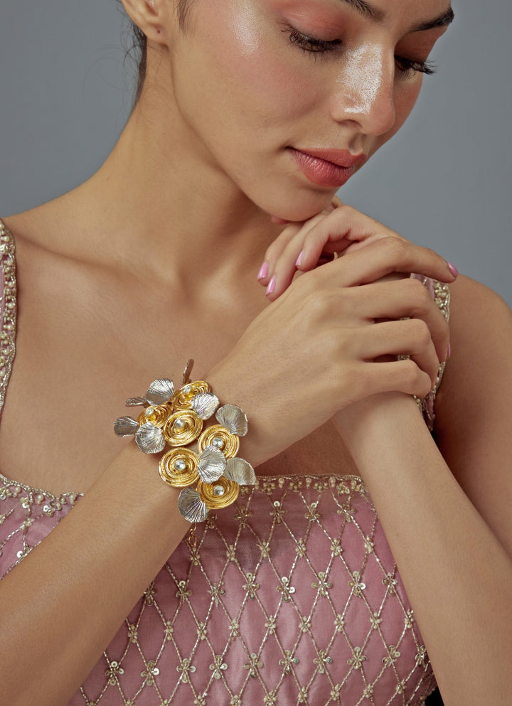 Gold Plated Floral Kundan And Pearl Bracelet