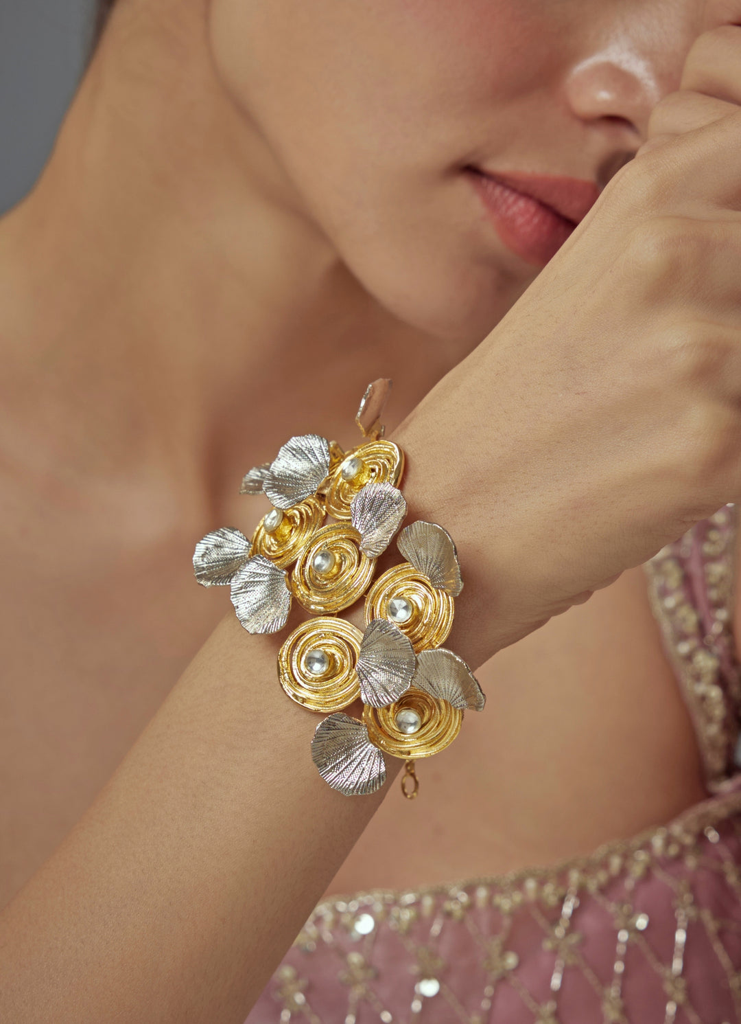 Gold Plated Floral Kundan And Pearl Bracelet