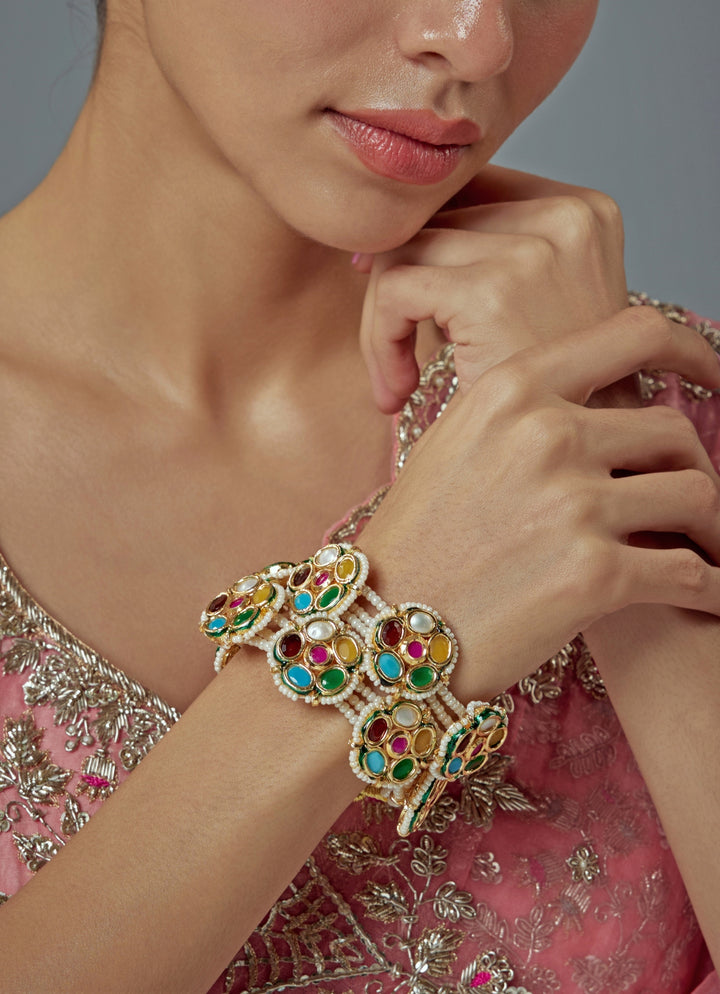 Multi Kundan And Polki Gold Plated Bangles