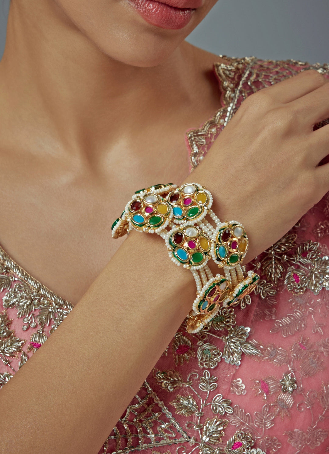 Multi Kundan And Polki Gold Plated Bangles