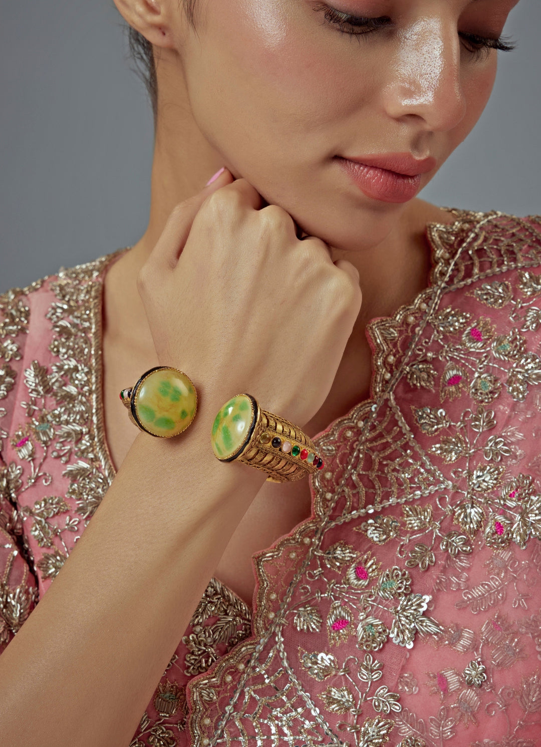 Green Beaded Kundan Cuff Style Kada